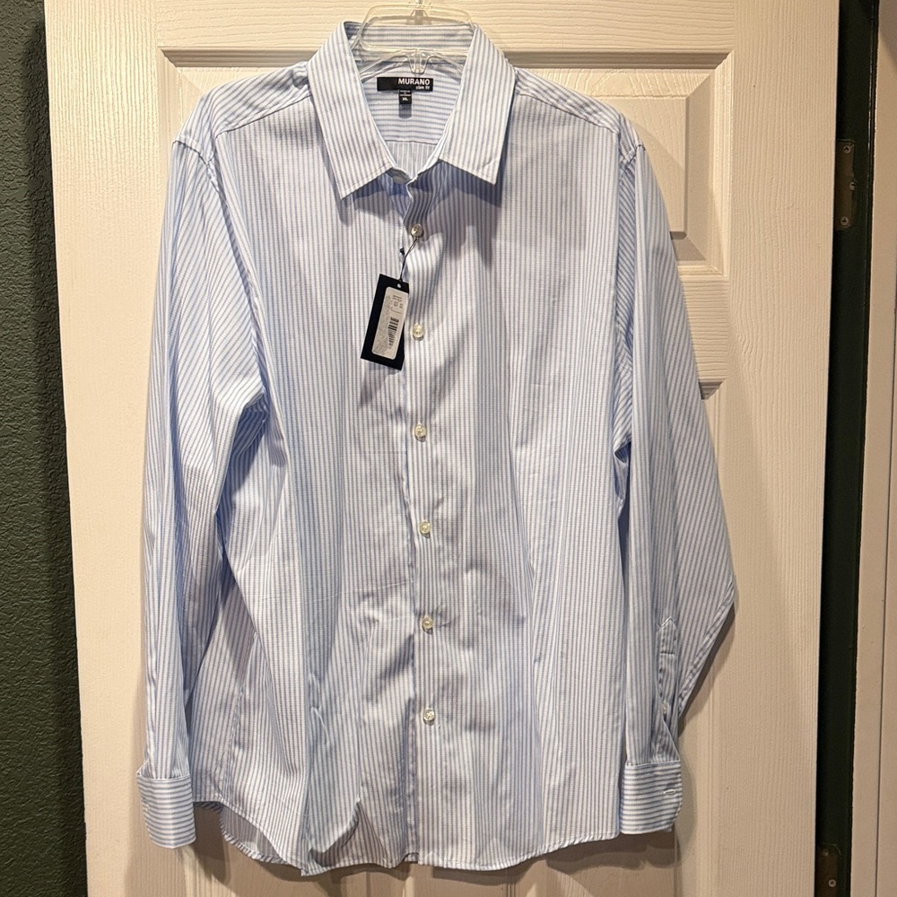 Murano slim fit blue and white striped button down